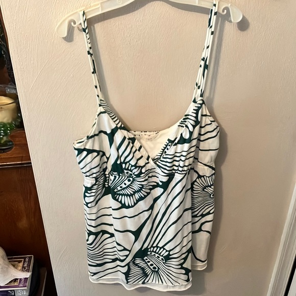 J CREW fully lined, spaghetti strap V top. Crisp dark green/cream, raw edge hem. - Picture 2 of 5